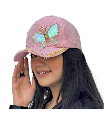Butterfly Colorful Full Crystal 3D Trucker Hat Cotton Shiny Metal Rings Hip Hop Snapback Cap Summer Cap